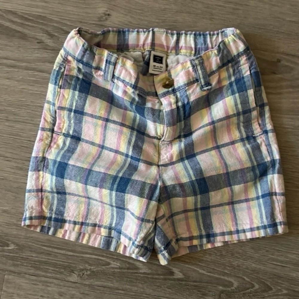 Janie and Jack  18-24M Blue Plaid Zip Linen/Cotton Mix Shorts with Adj. Waist